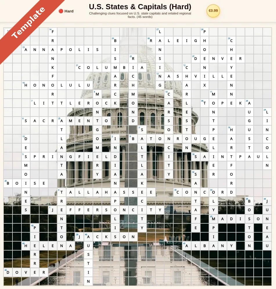 U.S. States and Capitals crossword with a Capitol building background, exported for printing